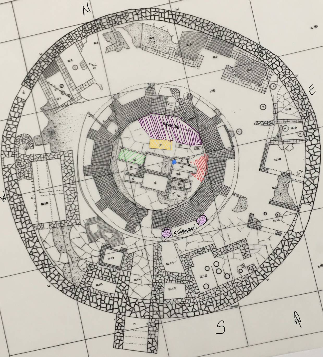 Caption: Map of Naqqara Khana Tower with annotations by Aleksia showing where textile fragments were found