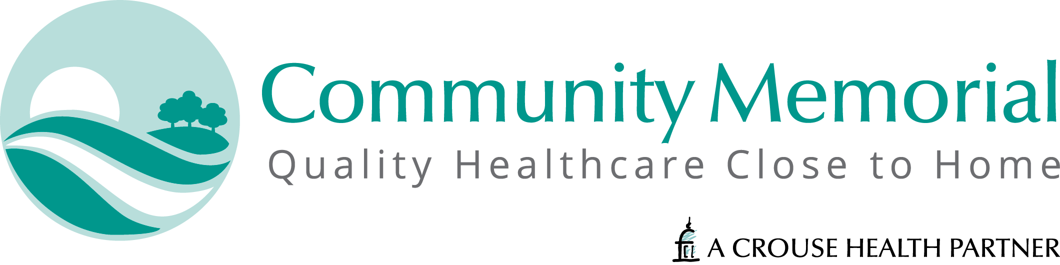 Community Memorial logo, a circle with fields leading to a sun and trees and "Quality Healthcare Close to Home, A Crouse Health Partner"