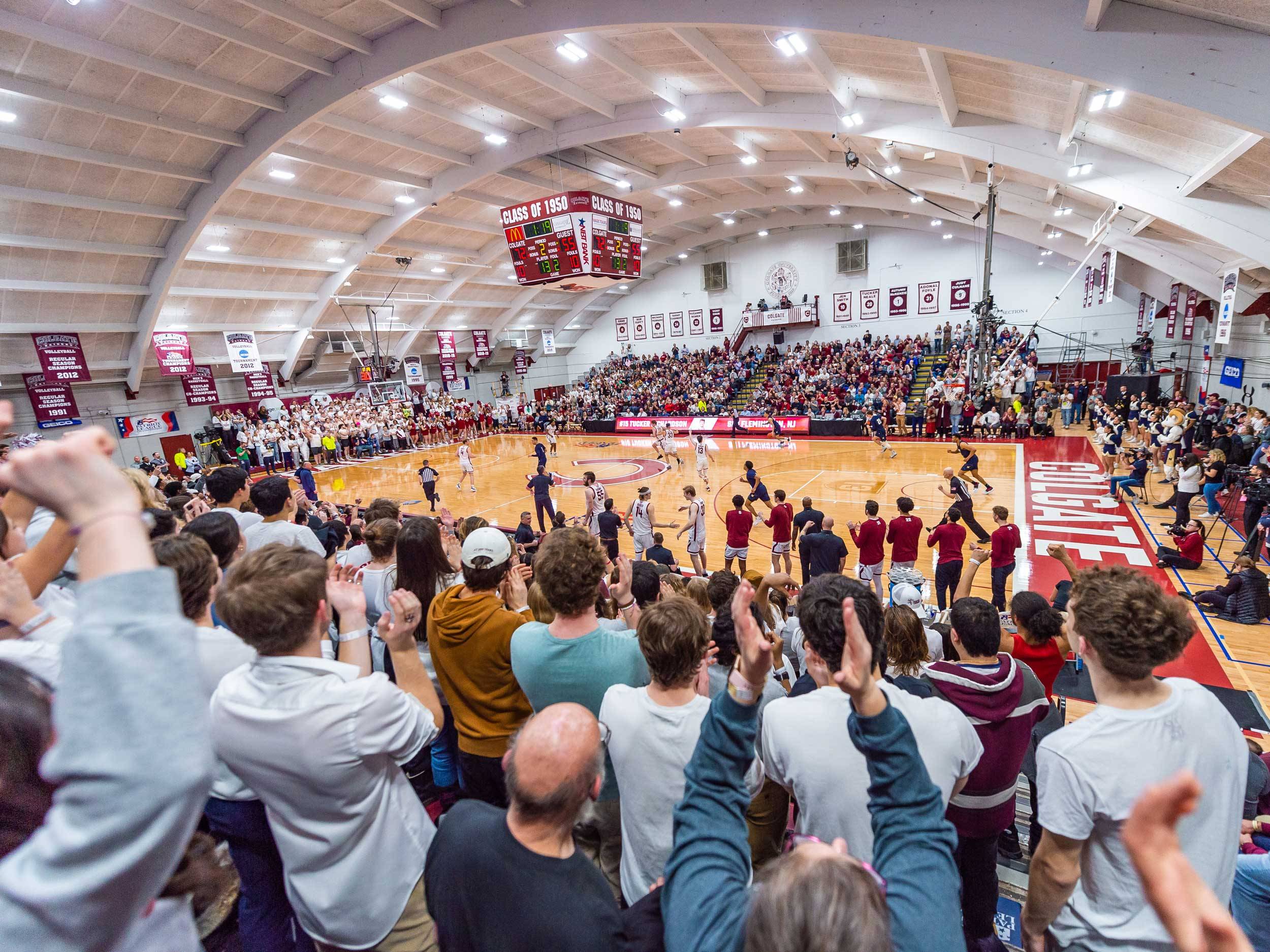 basketball players on court as seen from the stands