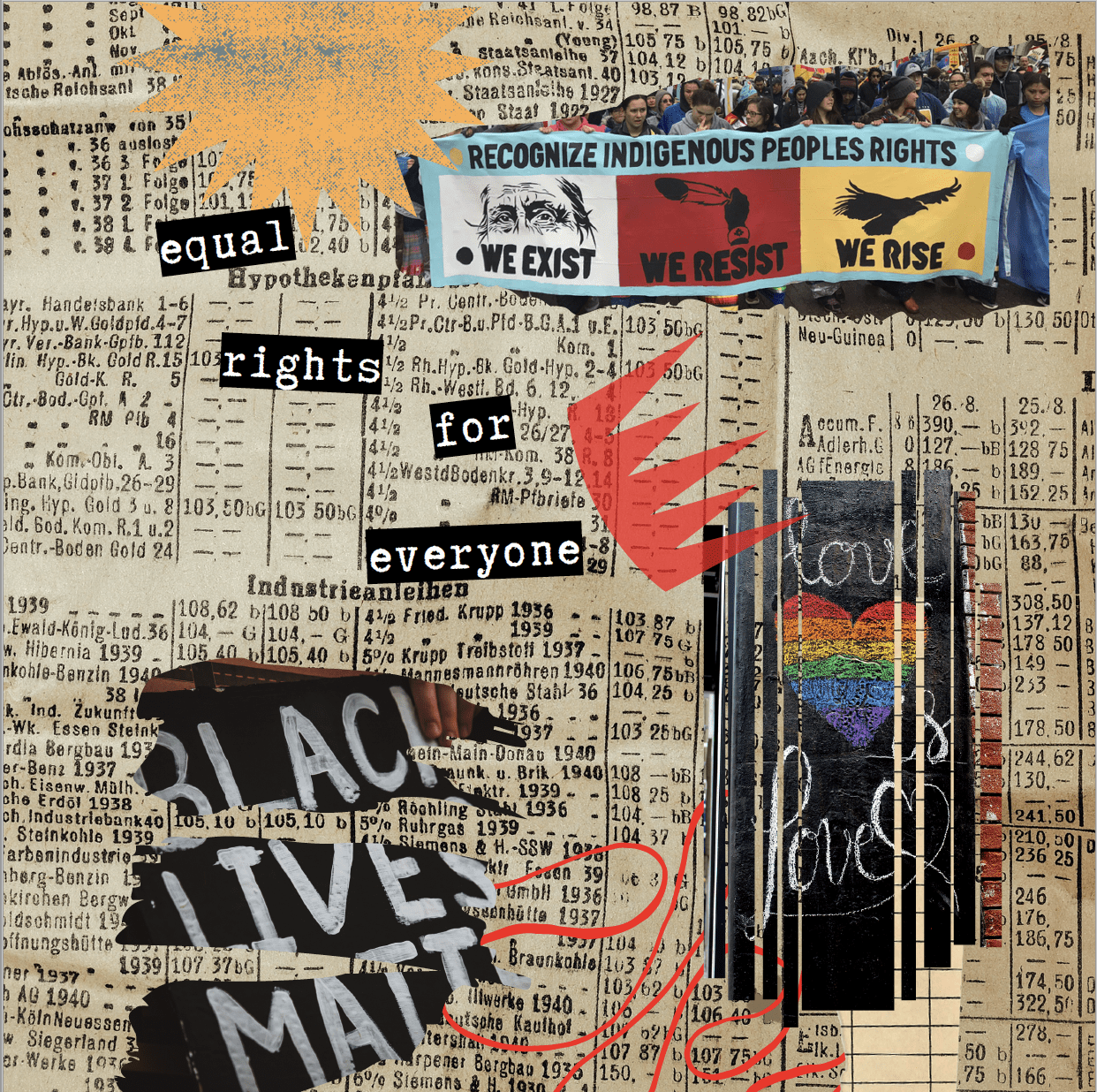 A collage with visuals of Black Lives Matter, Pride Protests, and Indigenous Rights Movements.