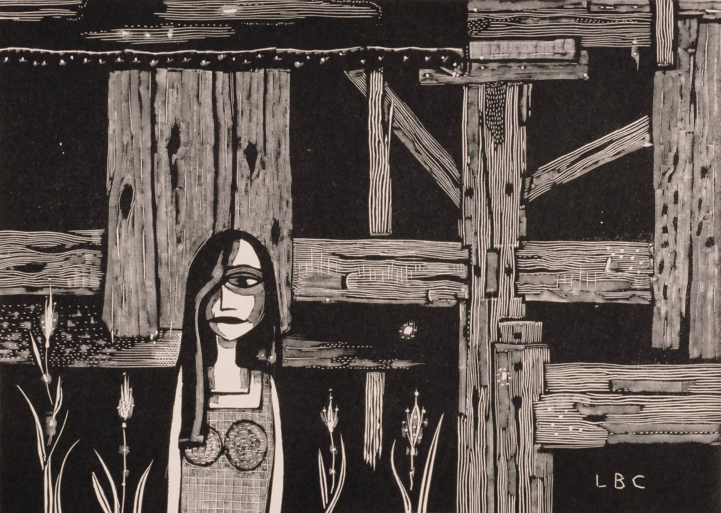 Etching of woman in front of decayed barn