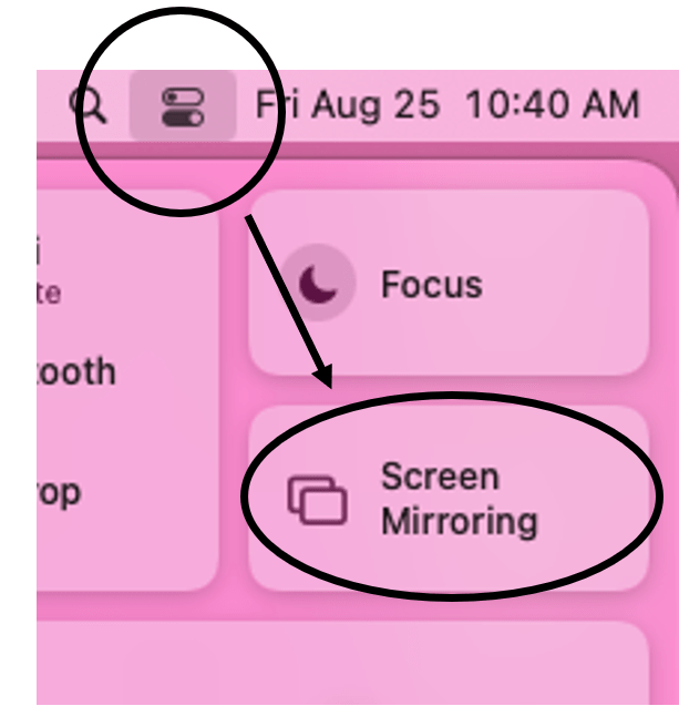 Image indicating where to click on Mac Control Center, then Screen Mirroring Option