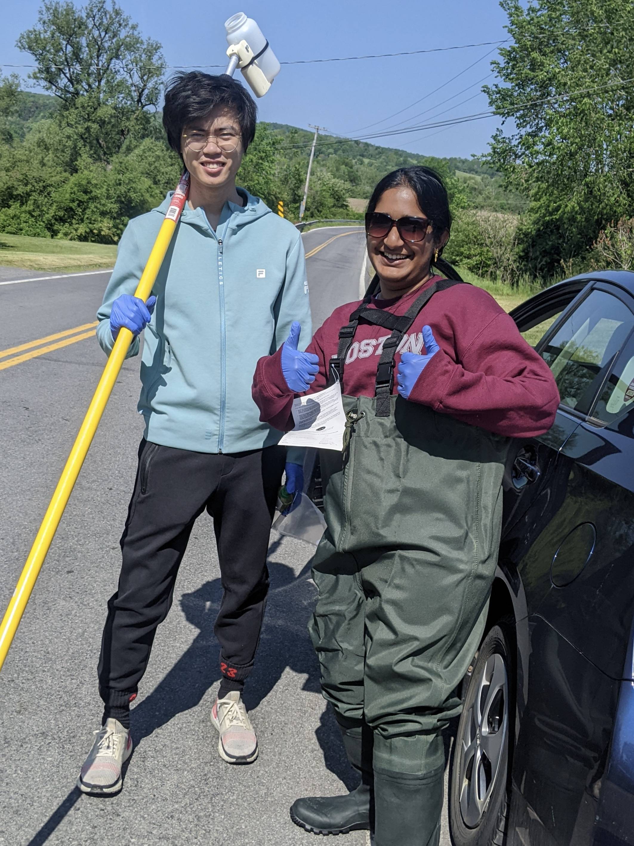 First day of fieldwork! Professor Tseng, Francesco, and I were at our downstream sampling site with waders to collect water samples. We used the waders at the downstream site because the waterway was harder to access.