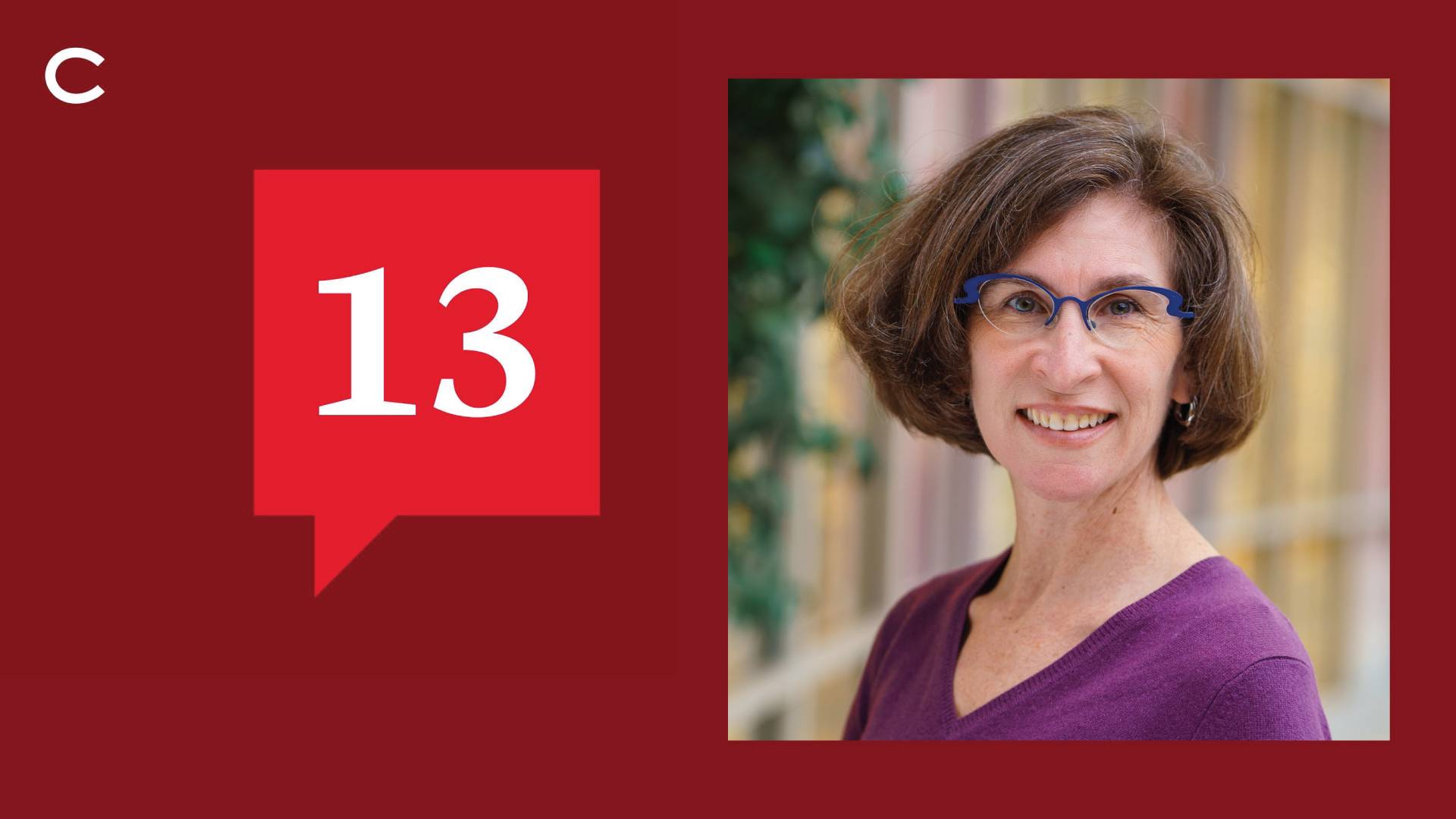 13 Podcast logo in red on maroon with Elizabeth Marlowe headshot