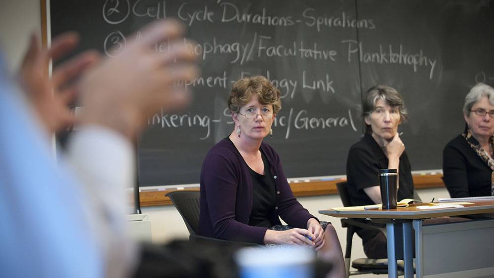 Three women watch lecturer in classroom