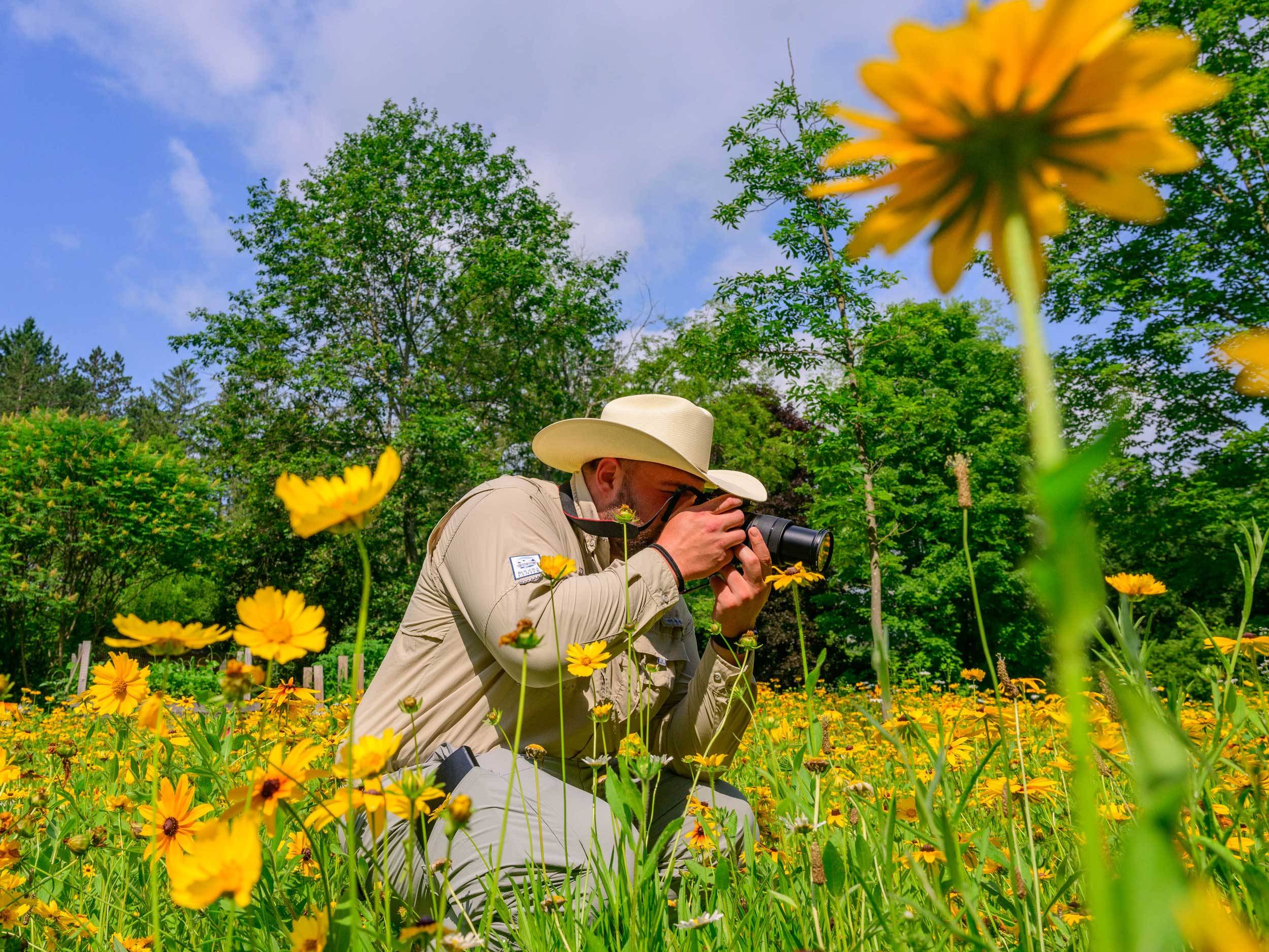Matthew McGeary ’24 photographs bees in field of flowers.