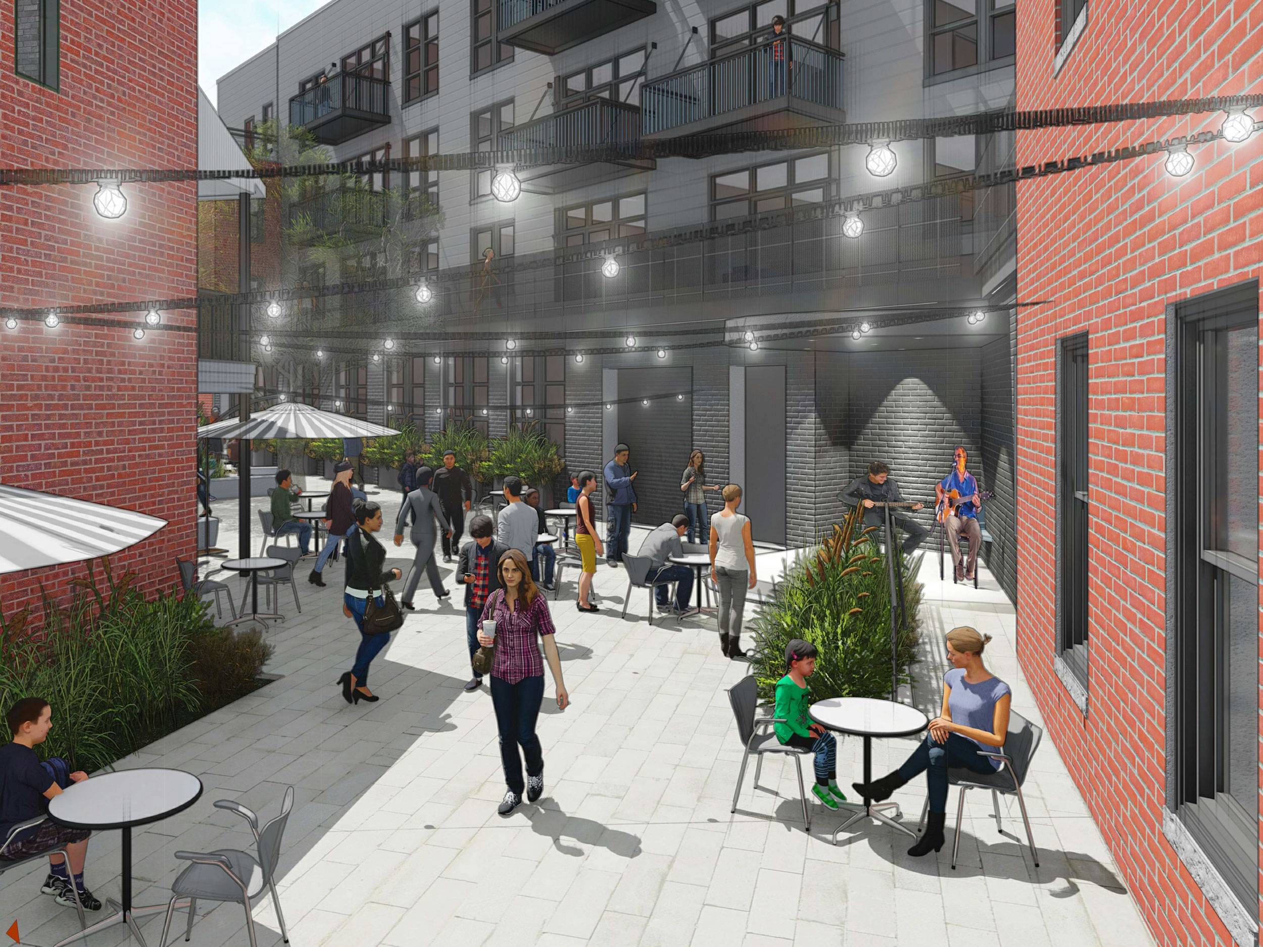 Rendering of people walking in courtyard