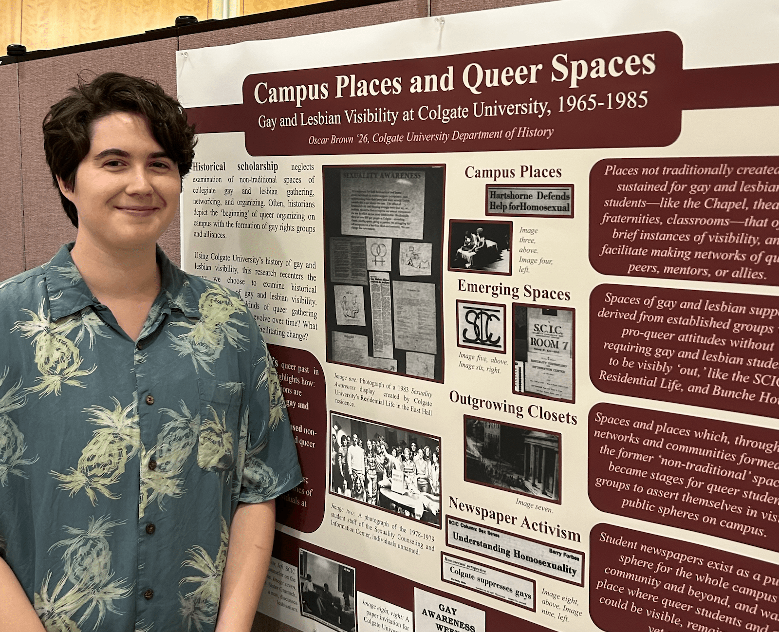 Oscar presenting his summer research, Campus Places and Queer Spaces, during the summer poster session in Ho Atrium. 