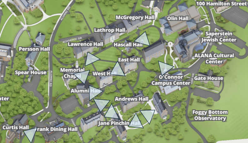 Abridged map of campus with graphical indicators that display locations of outdoor wifi locations.