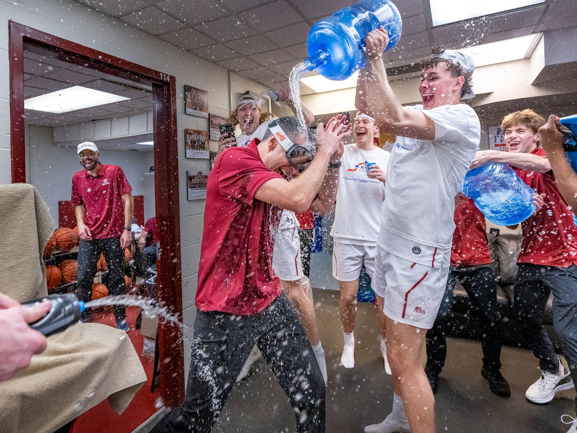 Players dump water on coach