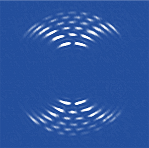 Image of the beam in the "Fourier plane" displays the quantum wavefunctions of the states of the pendulum arranged in increasing energy from the center. Top and bottom are mirror images.