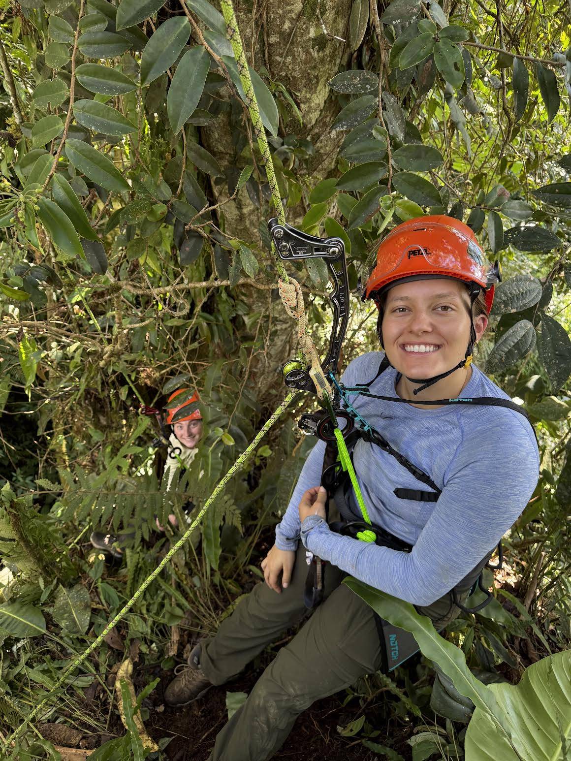 Photo of Carlyn in her tree climbing harness.