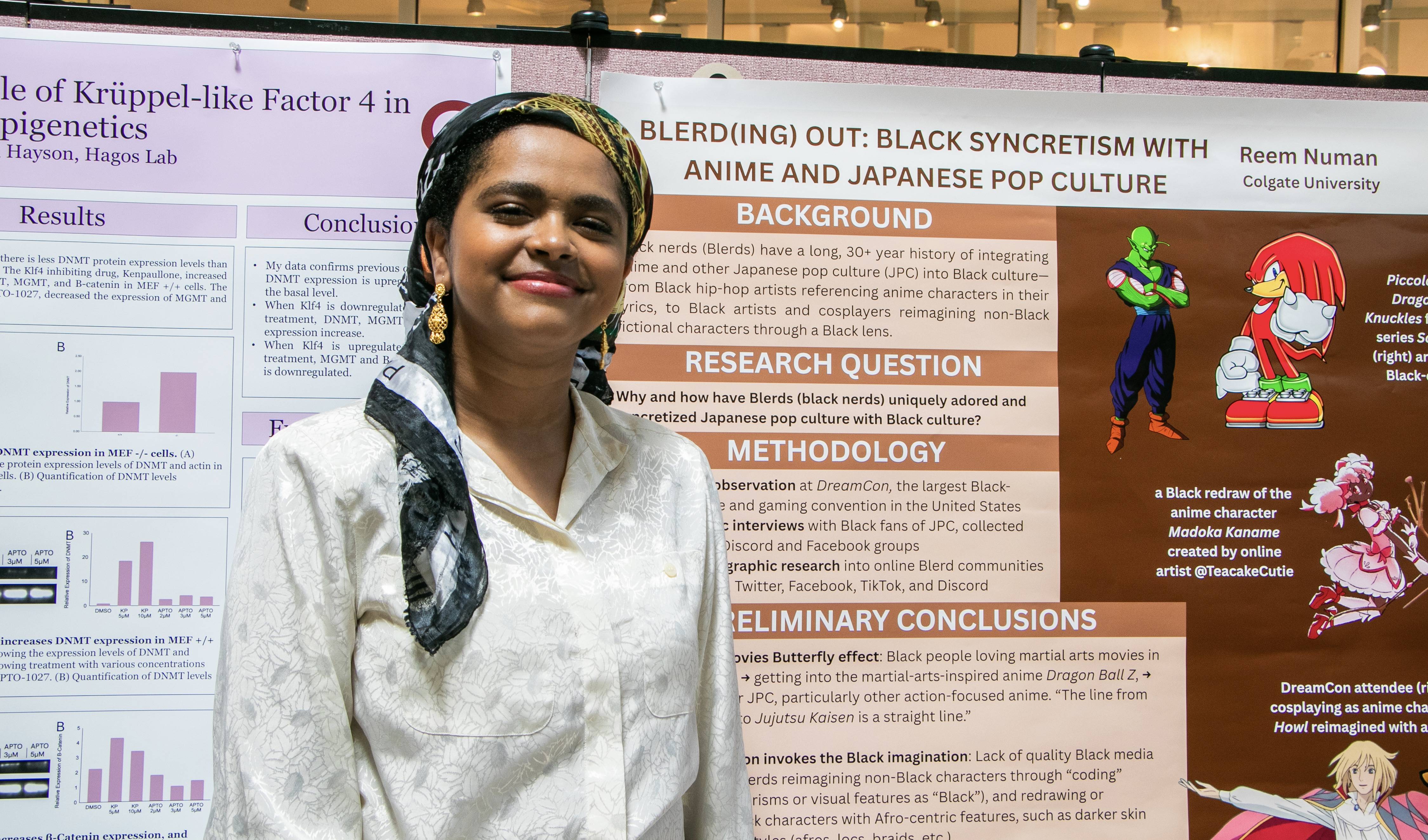 Reem presenting her Black-Japanese Pop Culture research project at a Poster Session in the Ho Atrium
