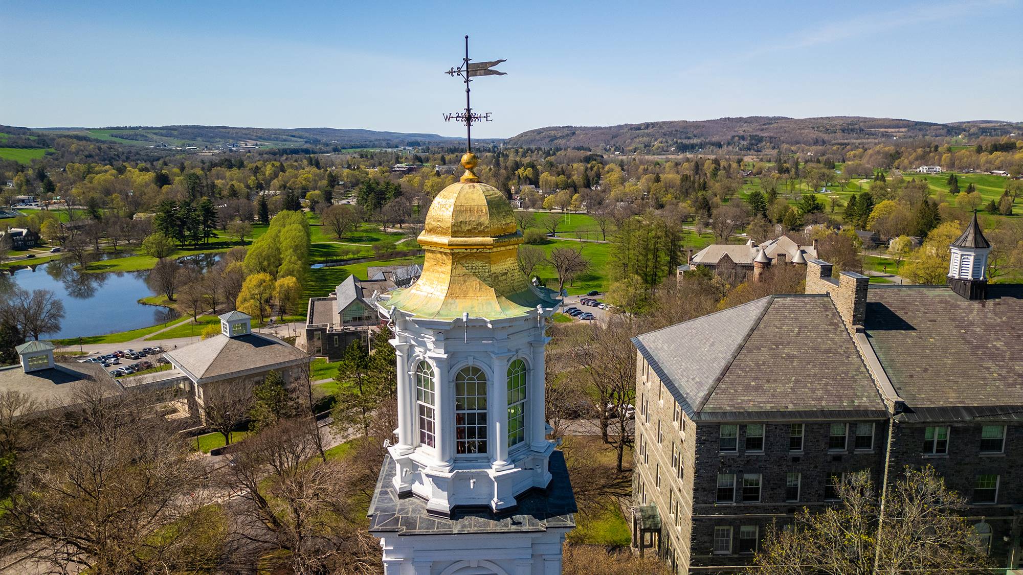 The Memorial Chapel steeple is captured on a spring afternoon
