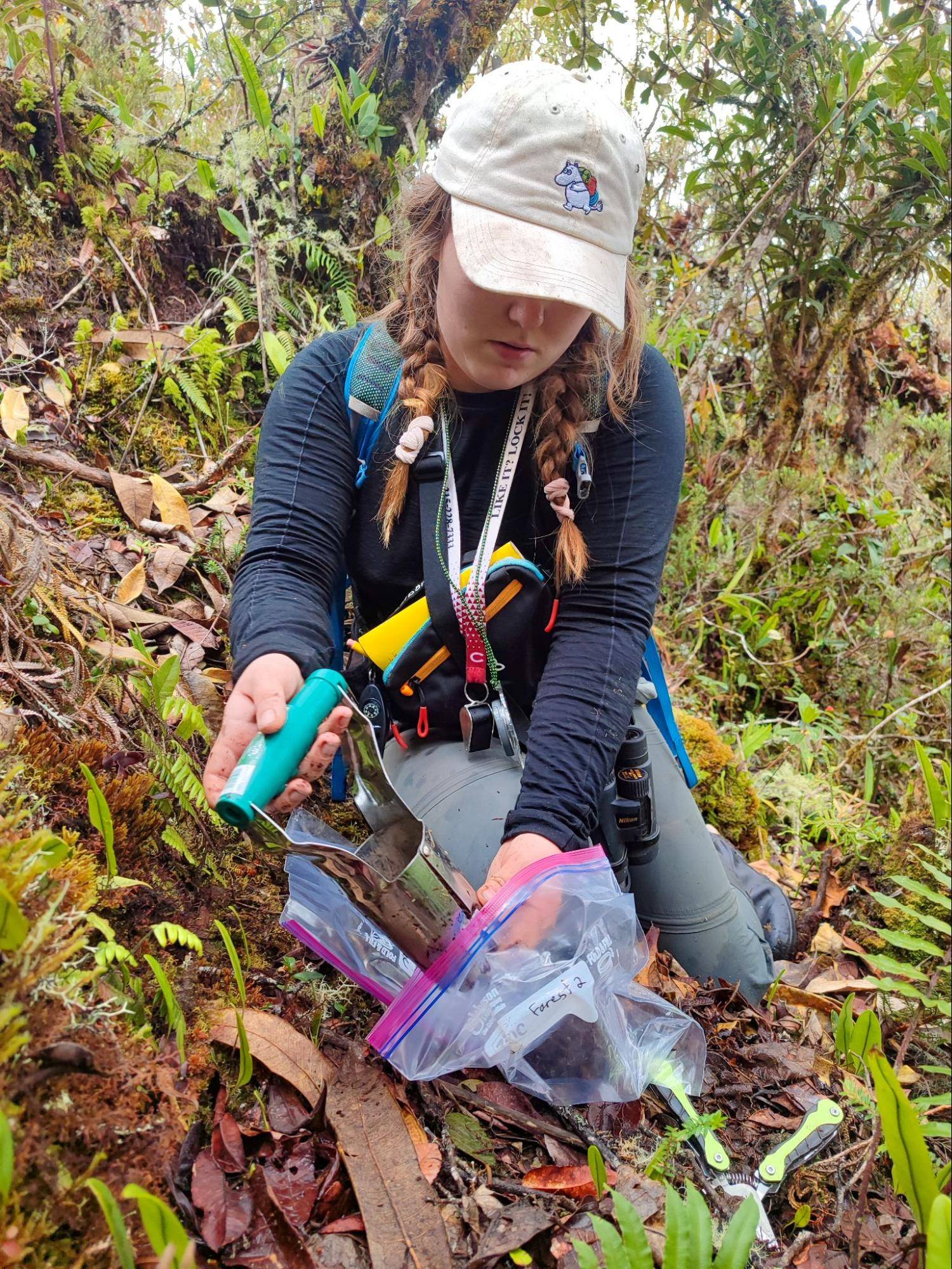 A student collects soil samples from the rainforest's lush terrain to later analyze.