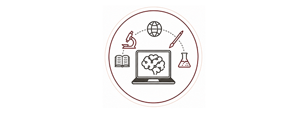 Icon of a laptop surrounded by a book, microscope, globe, paintbrush and beaker