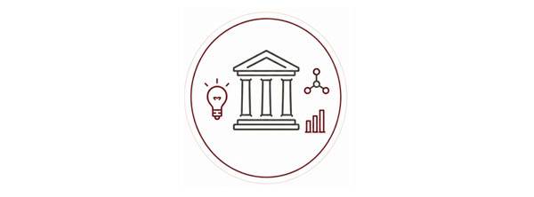 Icon of a columned building with a lightbulb and bar graph