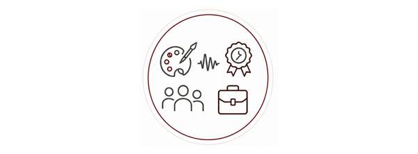 Icon of a paint palette, award, briefcase and people