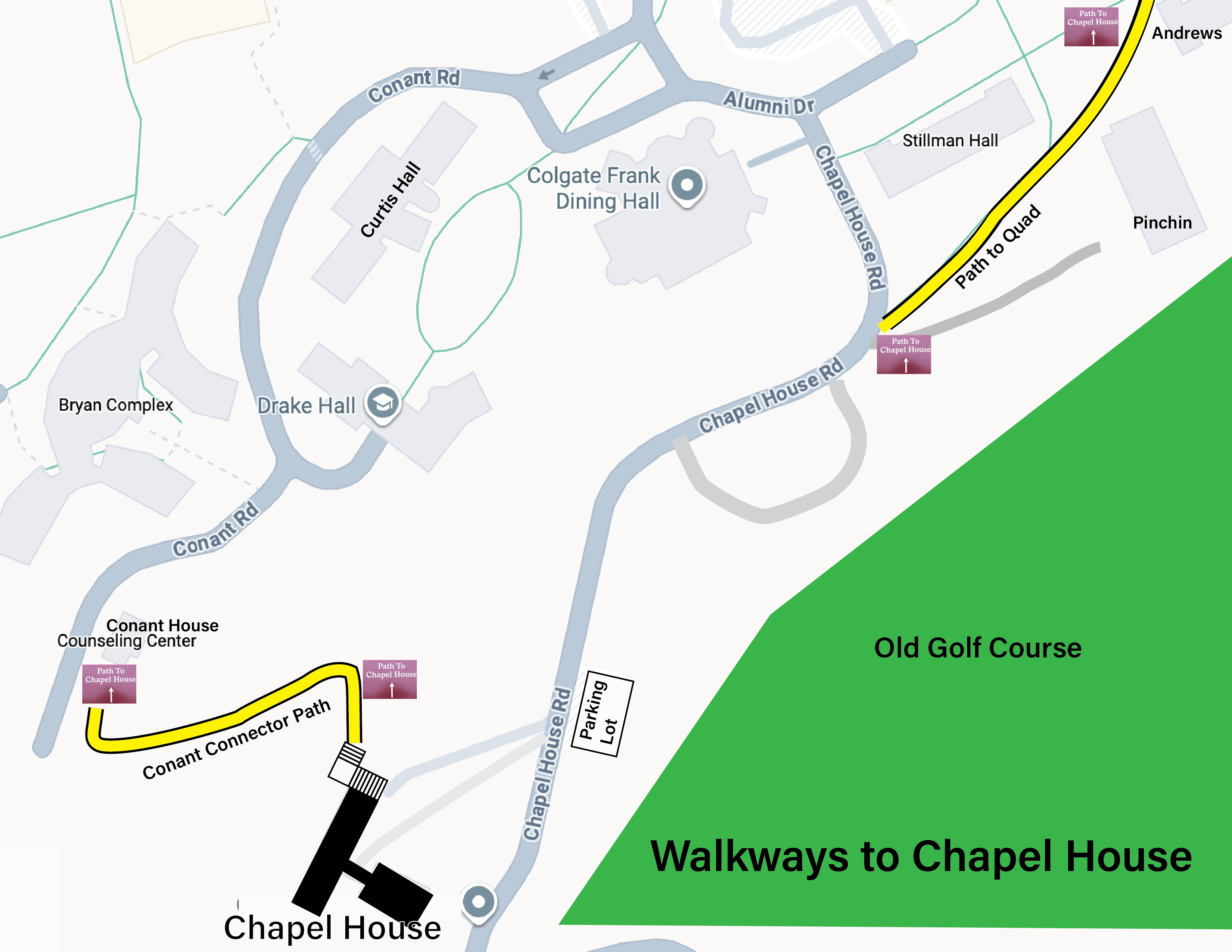 A map pointing out walking pathways to Chapel House