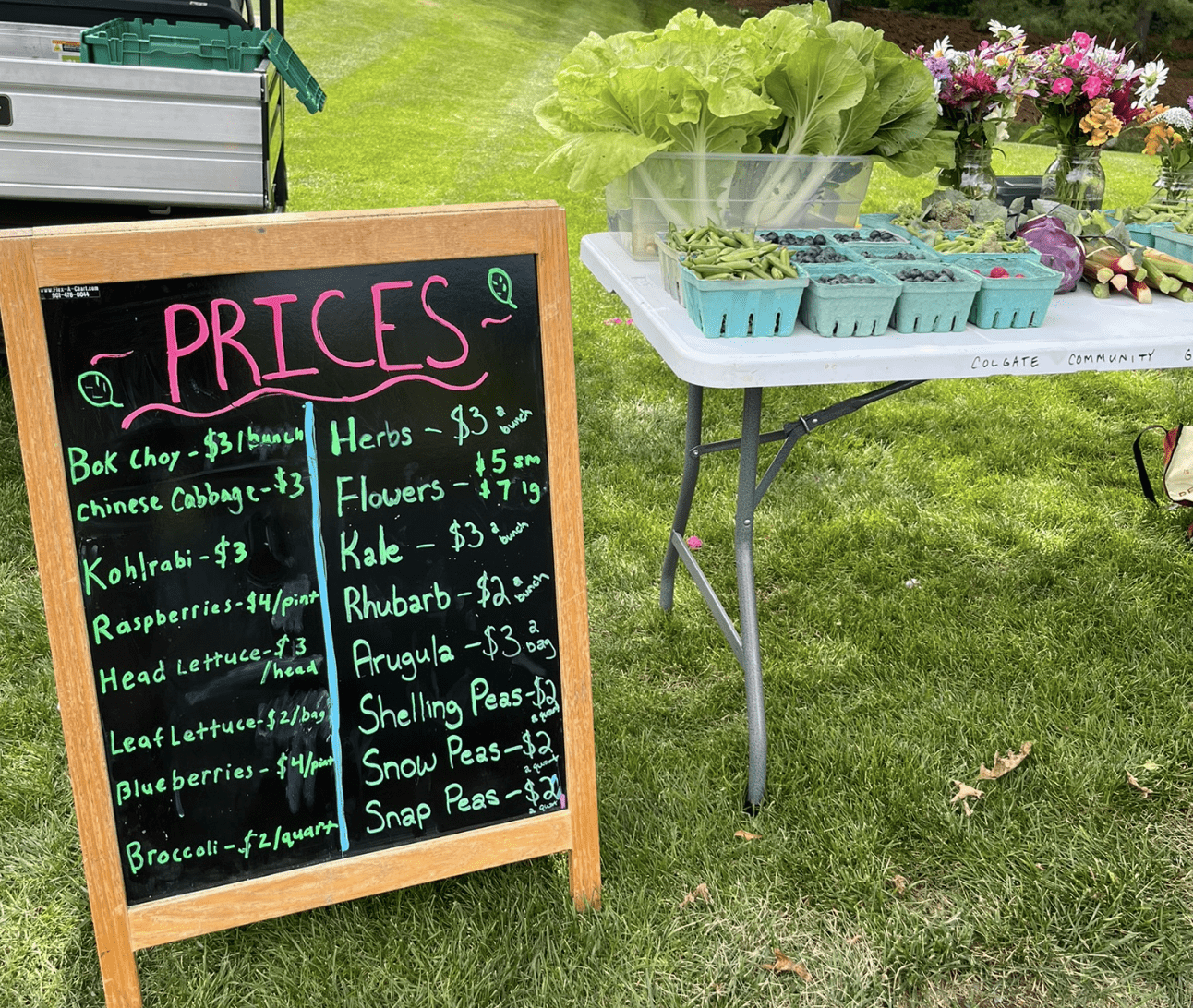 Photo shows produce on a table next to a sign with item pricing.