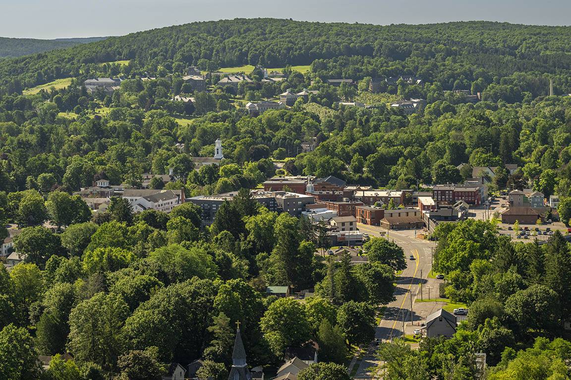 An aerial view of downtown Hamilton and the campus