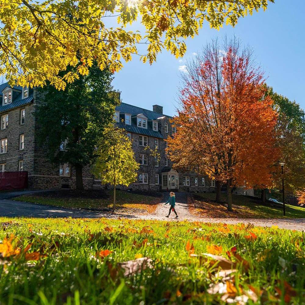 A student walks across the academic quad in the fall