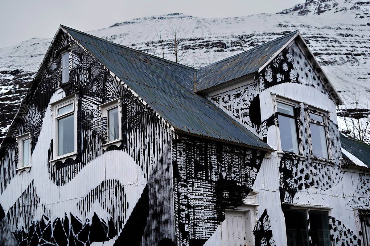 A black and white painted building
