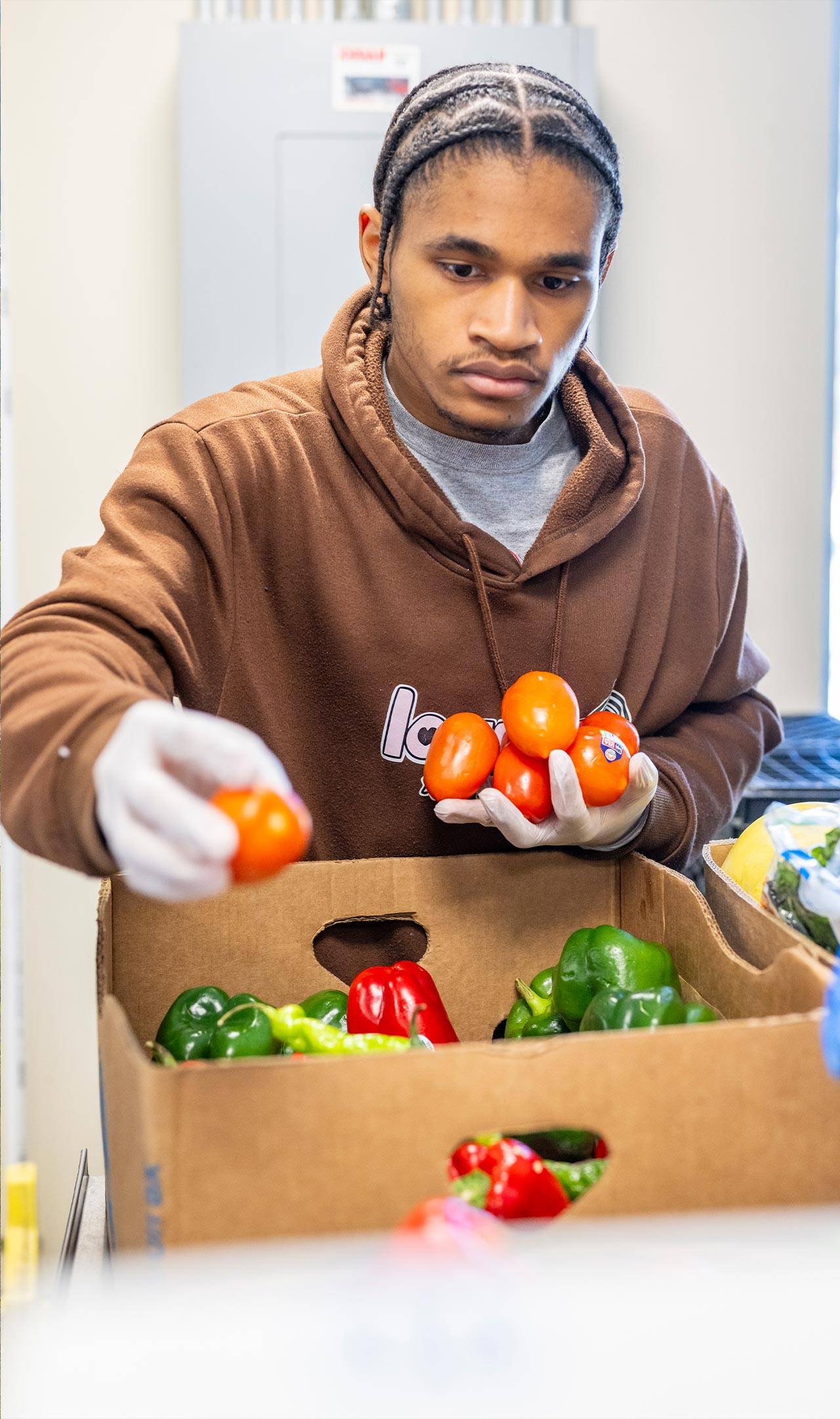 volunteering and sorting produce.
