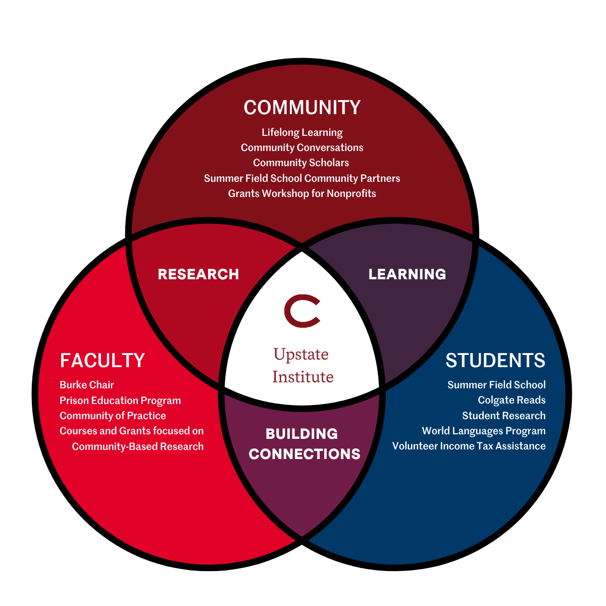 Venn diagram outlining the intersection of the Upstate Institute's student, faculty, and community partnerships.
