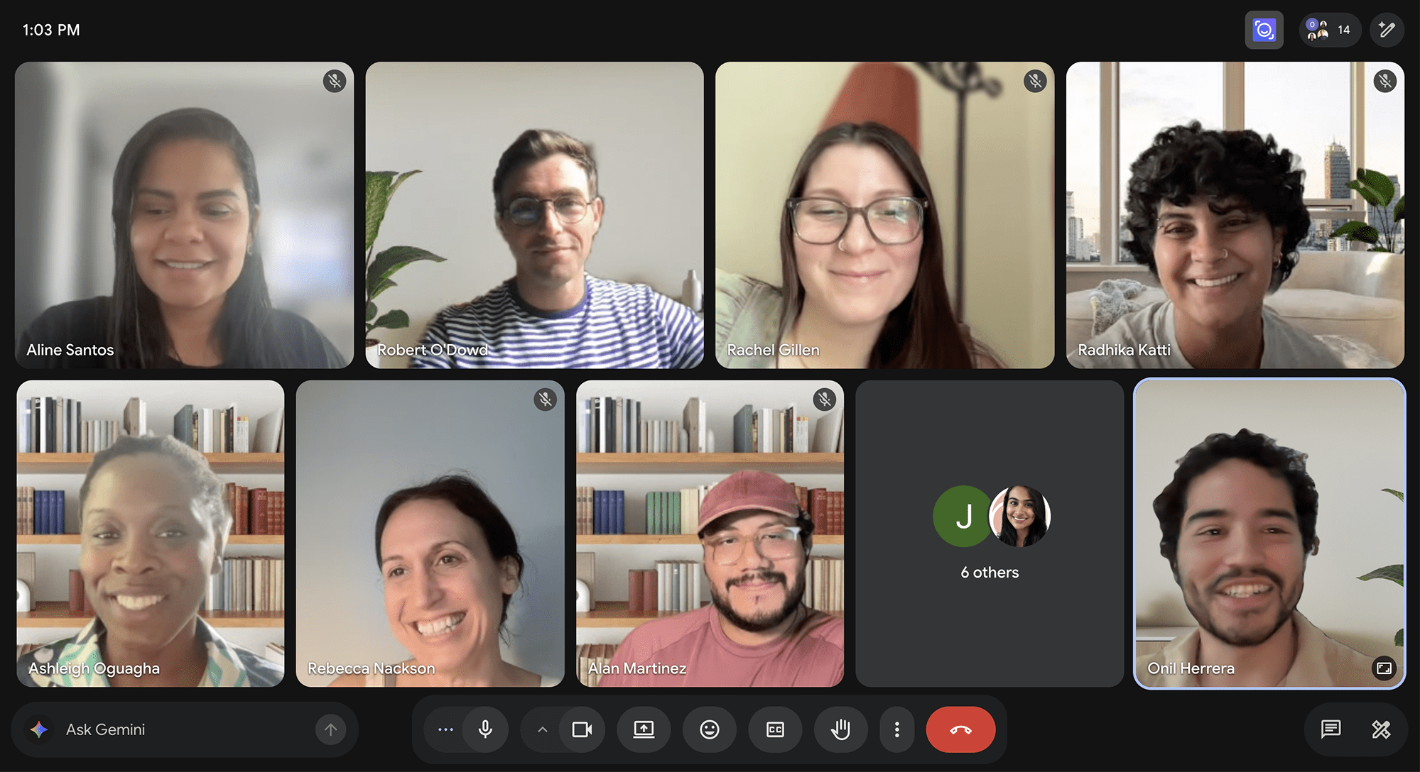 This image shows a video call interface displaying a grid of eight participants smiling at their cameras, along with a tile indicating six other un-cammed attendees.