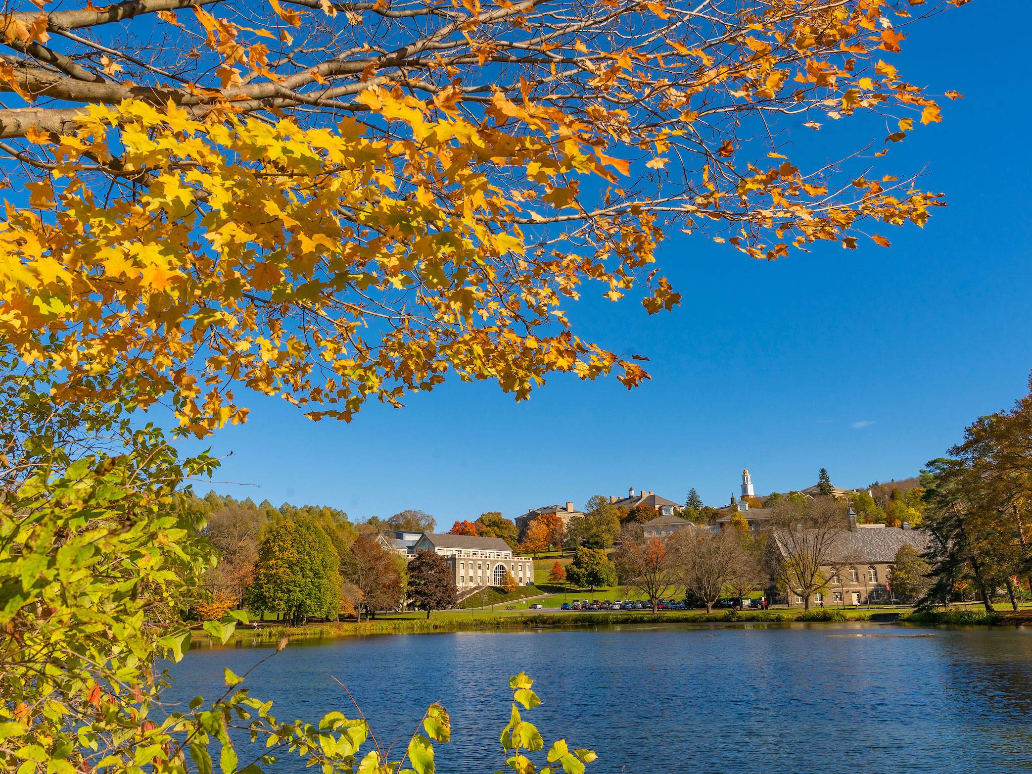 View of campus hill from across Taylor Lake, autumn foliage in top left foreground