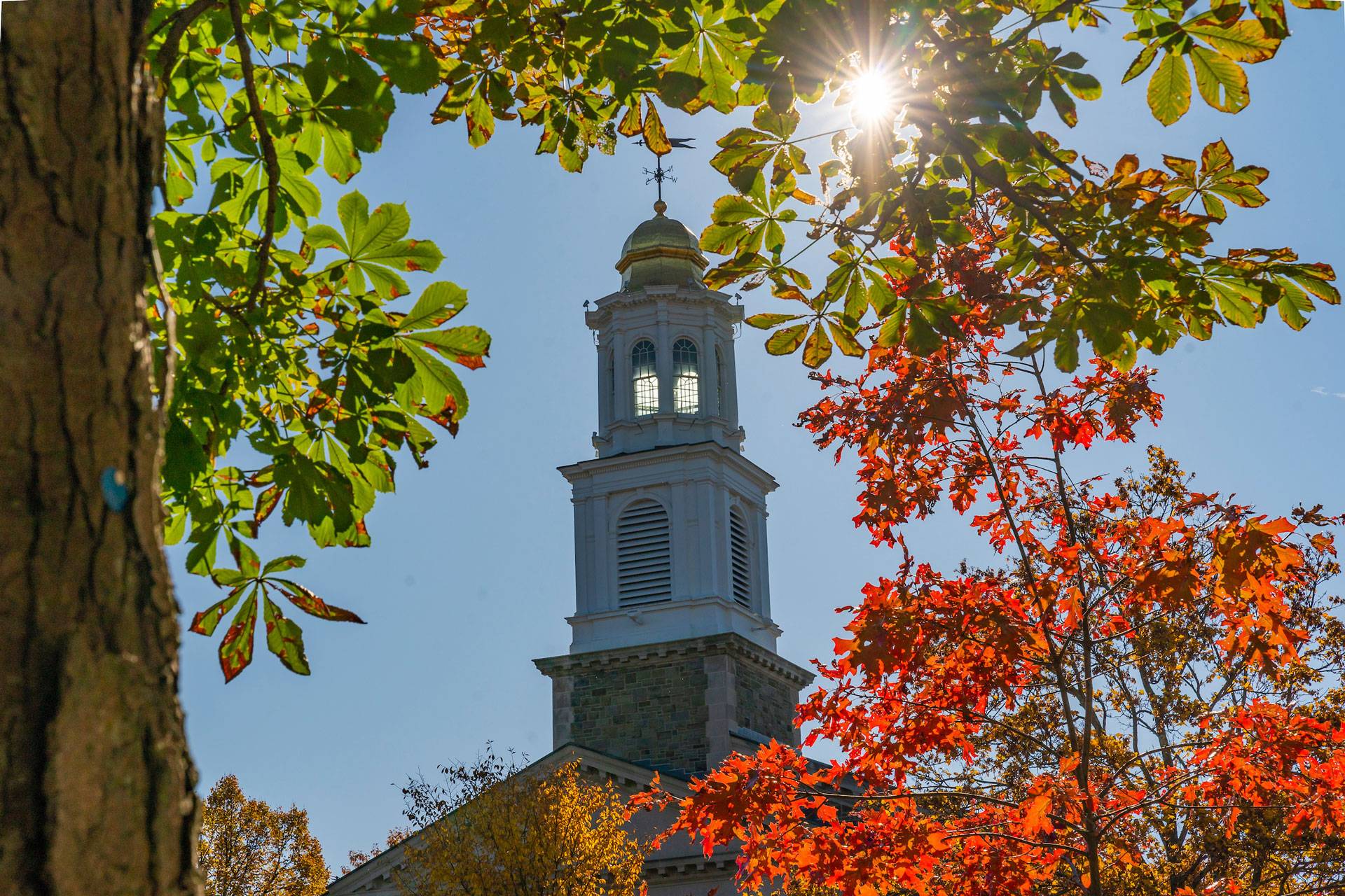 Fall foliage is pictured with Memorial Chapel, October 21, 2019.