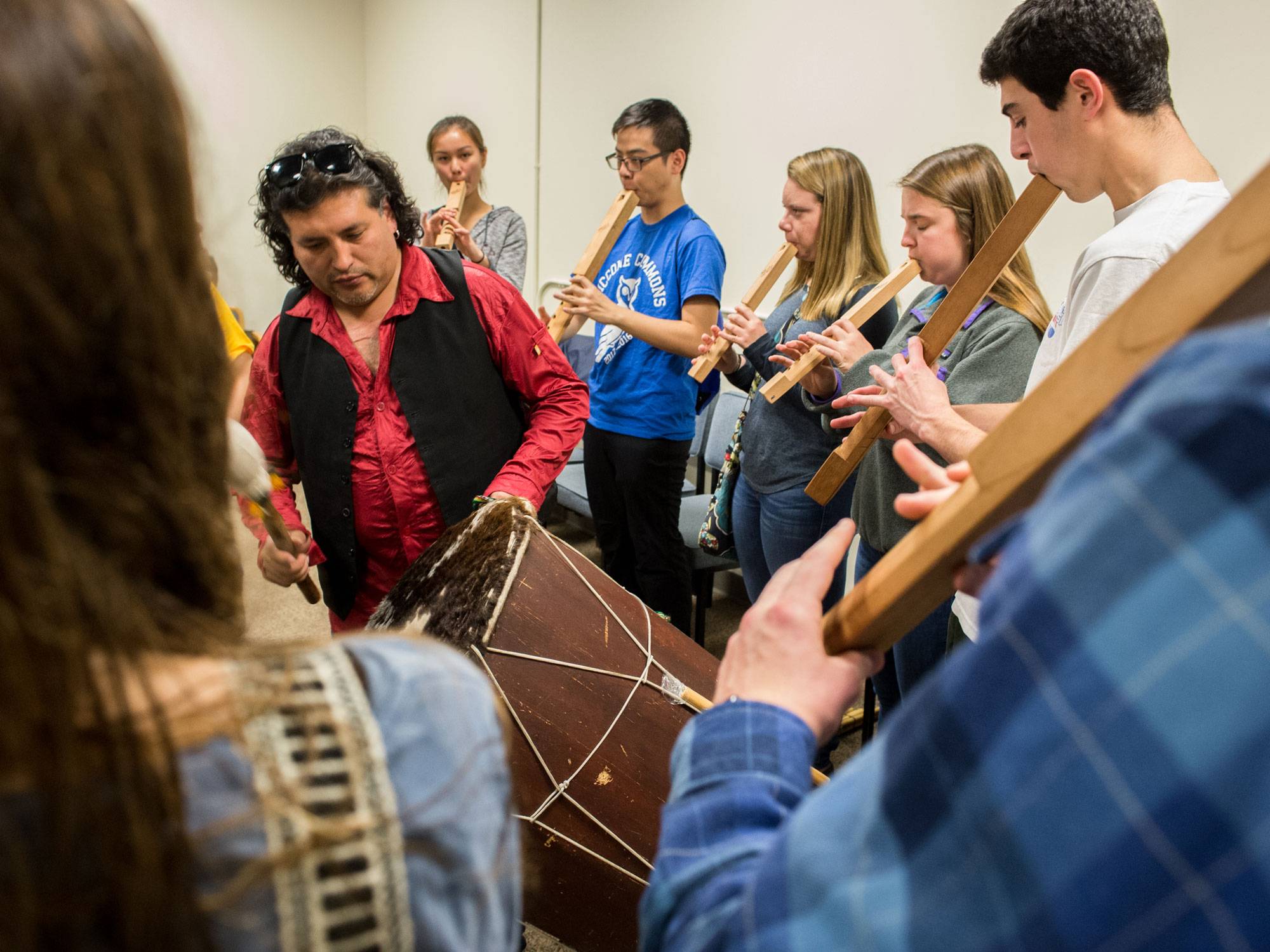 Students in ALST204: Performing Bolivian Music, learn to play traditional Bolivian music, instructed by Michelle Bigenho, Professor of Anthropology and Africana & Latin American Studies, along with Rolando Encina
