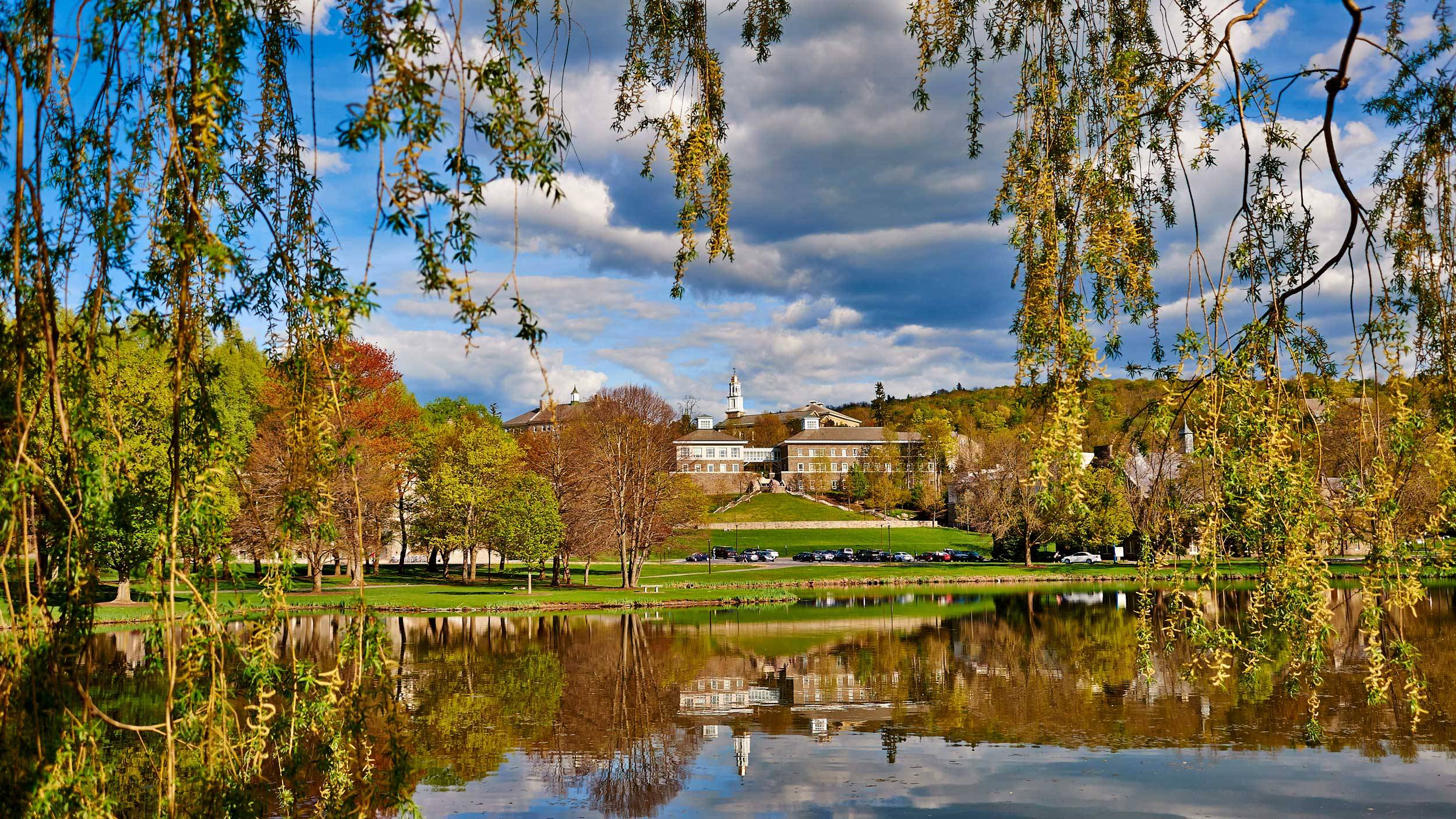 Campus rises on hill above Taylor Lake