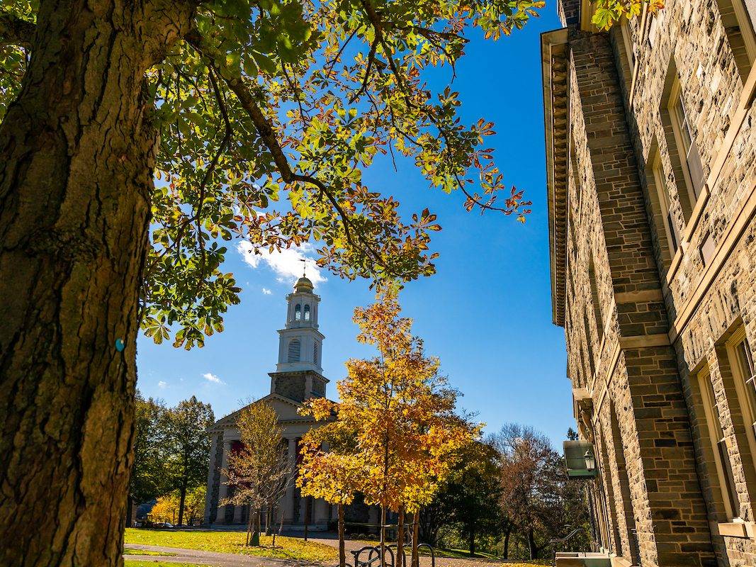 Fall scene on campus near Colgate Memorial Chapel.