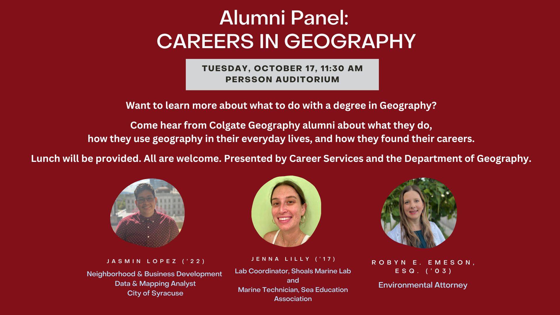 Advertising poster for the Geography Alumni Panel: Careers in Geography