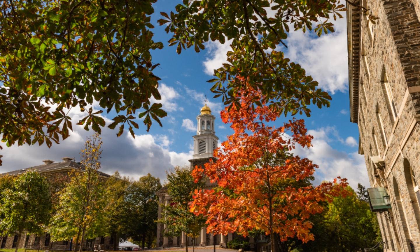 Campus fall scenic view of tree and sky and Chapel in the background.