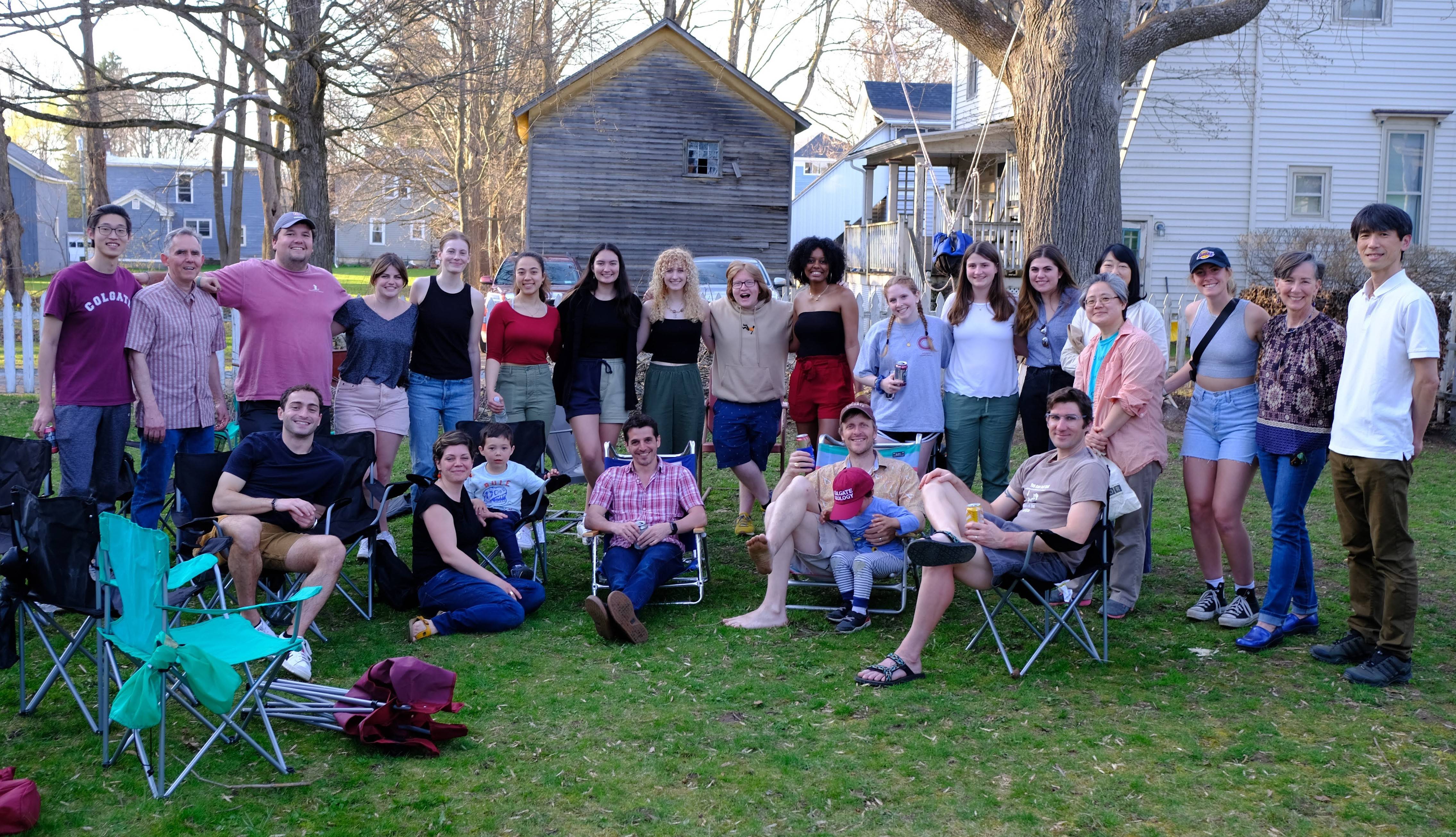 Geography students and faculty. Standing (l-r): Max Wang '22, Professor Adam Burnett, Rob Israel '22, Josephine Finney '22, Jane Zugarek '22, Tara Krause '23, Keegan Kessler '23, Sophia Ferrero '23, Matt Sampson '23, Aliya Argro '23, Juliana Koller '22, Claire Bonzani '22, Jordyn Gross '22, Professor Yumiko Yamamoto, Myongsun Kong, Remy Kaufman '22, Professor Maureen Hays-Mitchell, Professor Daisaku Yamamoto. Seated (l-r): Jack Breitowich '22, Professor Emily Mitchell-Eaton, Professor Teo Ballvé, Professo