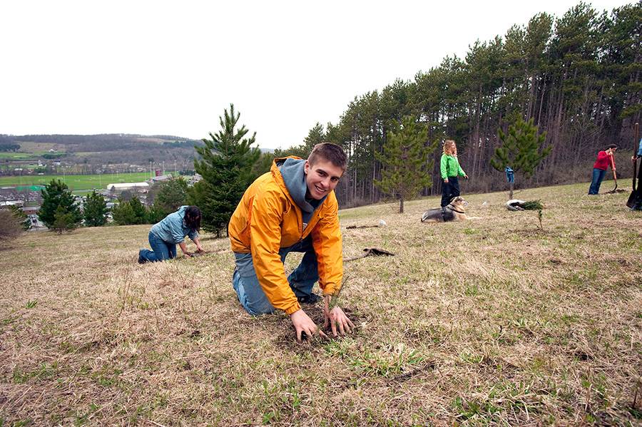 Student plants tree on Earth Day