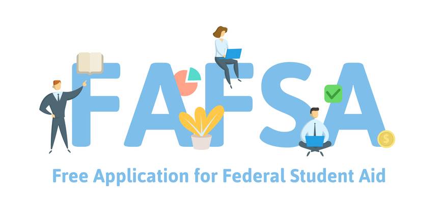 Illustration of people, book, computer, plants, pie chart, and coin around the words FAFSA and Free Application for Federal Student Aid