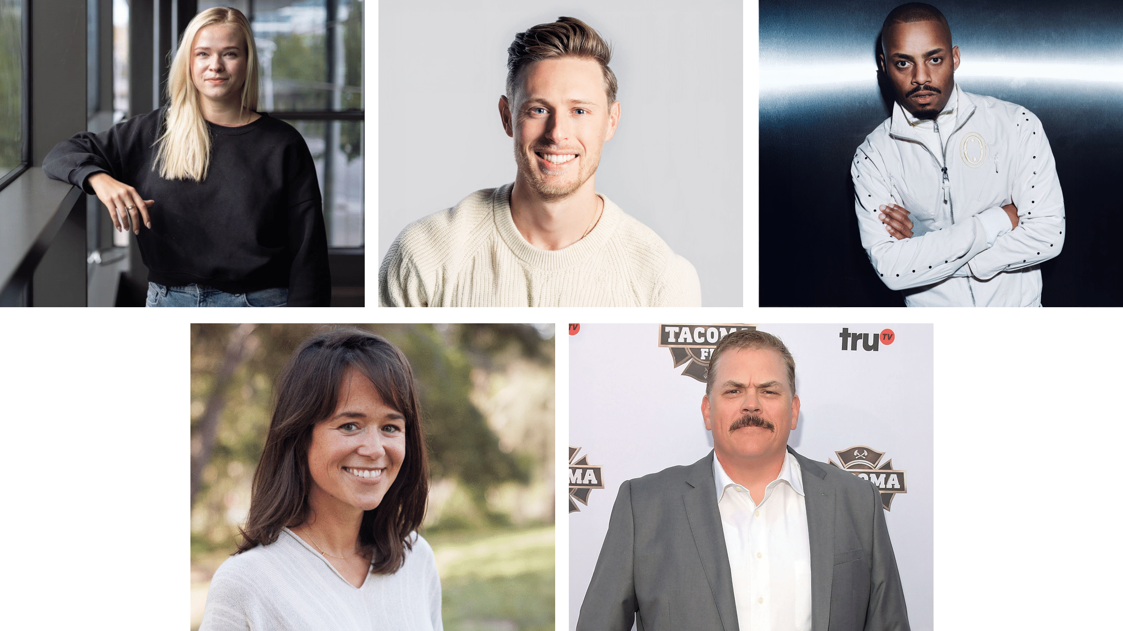 A grid-style collage features headshots of five diverse individuals arranged in two rows against a white background. The top row shows a blonde woman in a black sweater, a smiling man in a white knit sweater, and a man posing in a white jacket, while the bottom row displays a smiling brown-haired woman outdoors and a man with a mustache wearing a gray suit jacket.