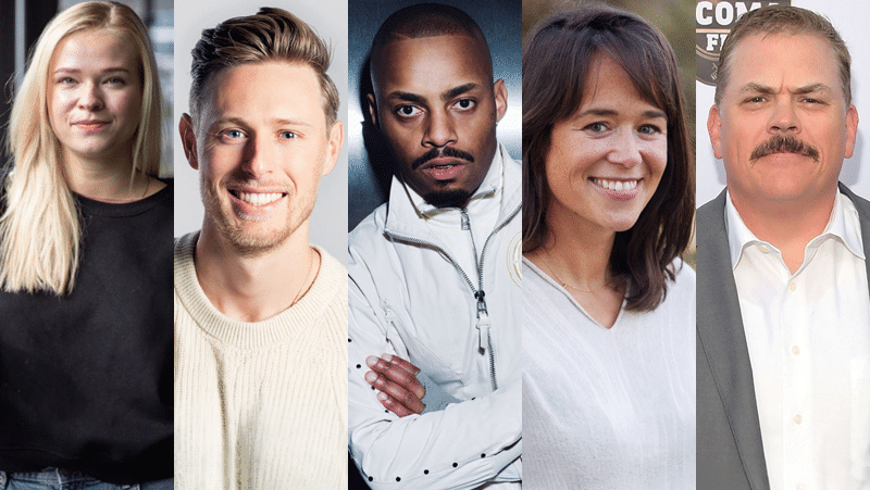 Five individual portrait photos are arranged side-by-side in a horizontal row. From left to right, the panel features a blonde woman in a black top, a smiling man in a light cream sweater, a man with crossed arms in a white jacket, a dark-haired woman with a warm smile, and a man with a mustache wearing a grey suit jacket.