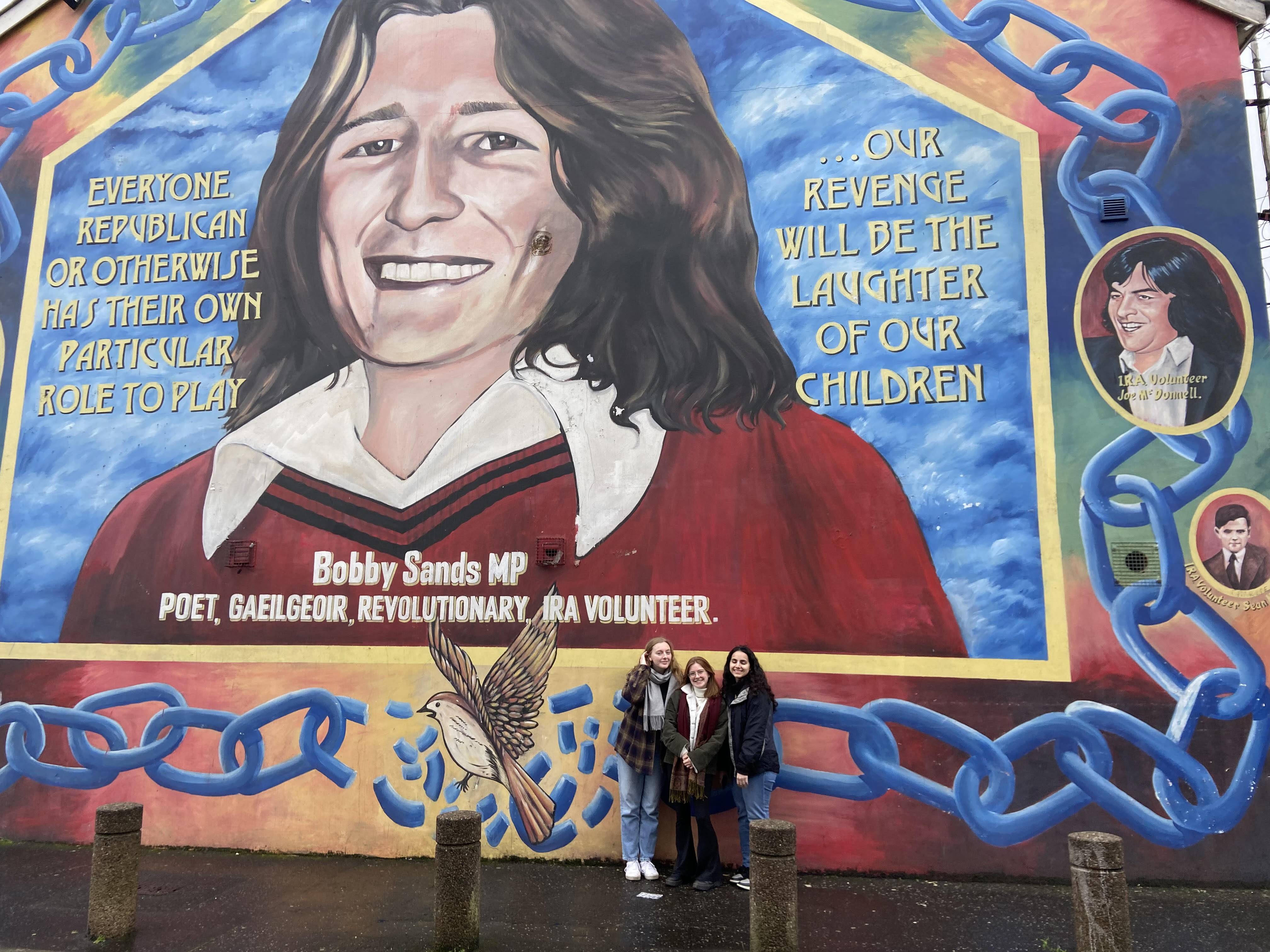 Mural of Bobby Sands, a hunger strike victim, featured on a mural as an Irish language speaker