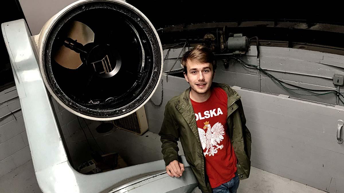 Jacob Pilawa ’20 with the telescope in Foggy Bottom Observatory