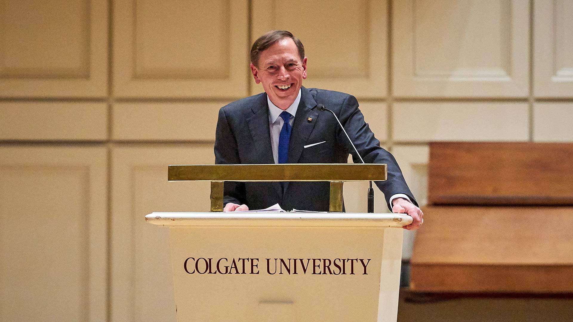 General David Petraeus at Colgate University podium in Memorial Chapel