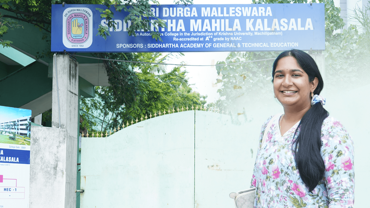 Harshita Talasila is pictured outside Sri Durga Malleswara Siddhartha Manila Kalasala, a women’s college in Vijayawada, India.