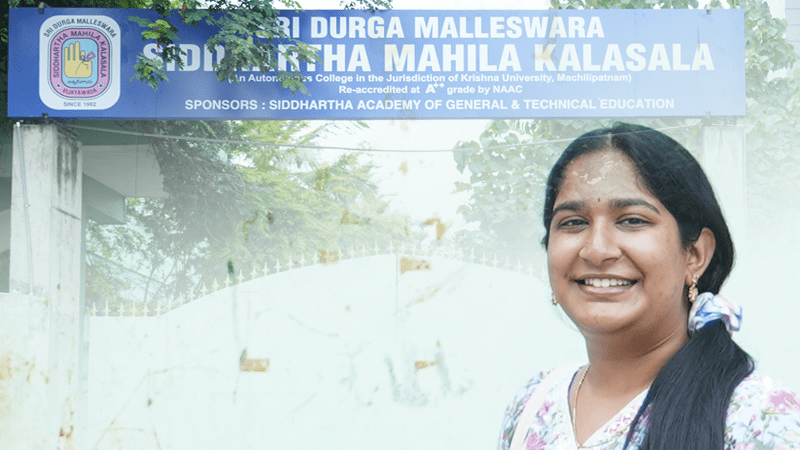 Harshita Talasila is pictured outside the all women’s college in Vijayawada, India.