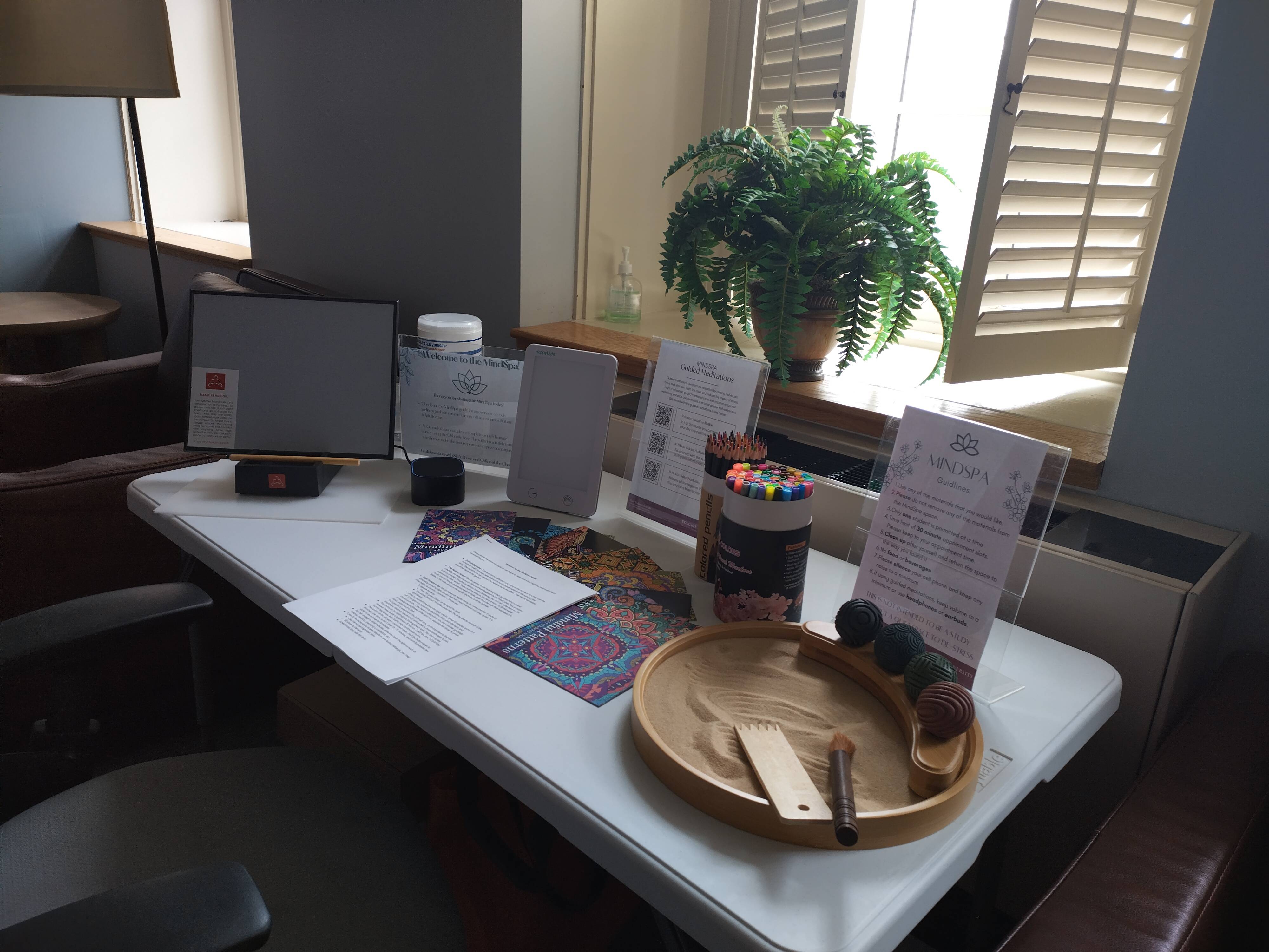 A cozy wellness corner featuring a white table with various mindfulness and relaxation tools. On the table are a mini Zen garden with sand, wooden tools, and textured balls, a container of colorful markers, mandala coloring sheets, a small light therapy lamp, a Buddha board with water brush, and several informational sheets and signs including one labeled “MindSpa Guidelines.” Behind the table is a windowsill with a lush green fern, and soft natural light filters through white plantation shutters. 