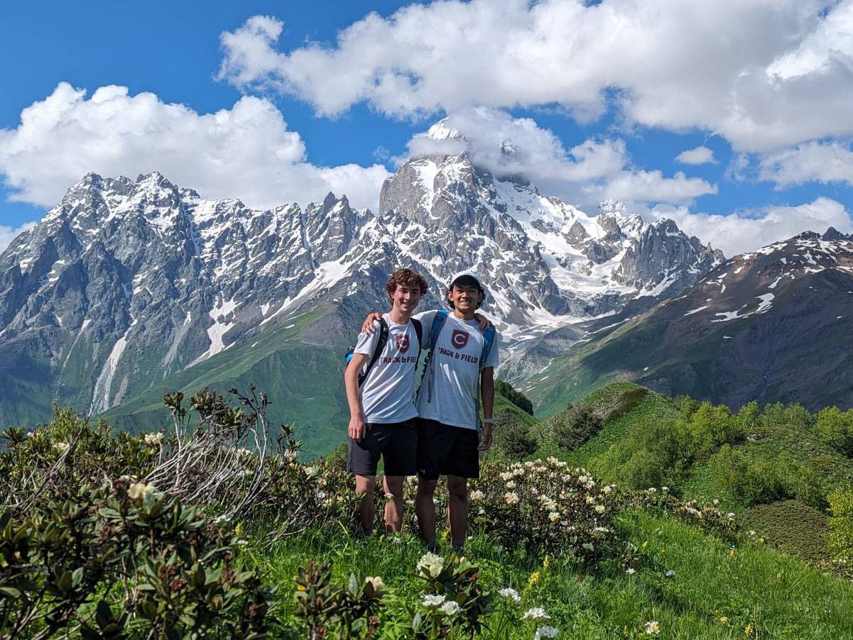 Jehrard Aguilar ’26 and David Stephens ’26 in the Caucasus Mountains.