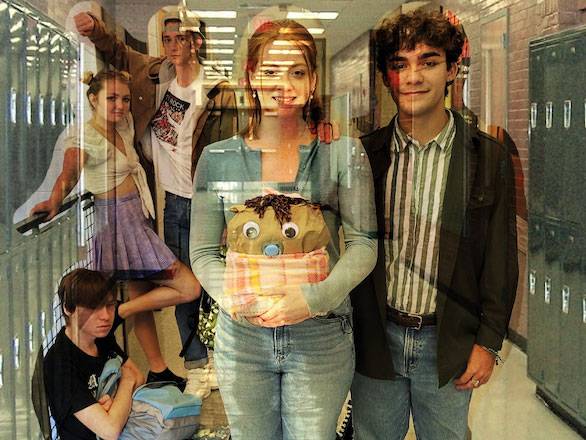 Collage image of the cast of "The Juniors" standing in a high school hallway of lockers.